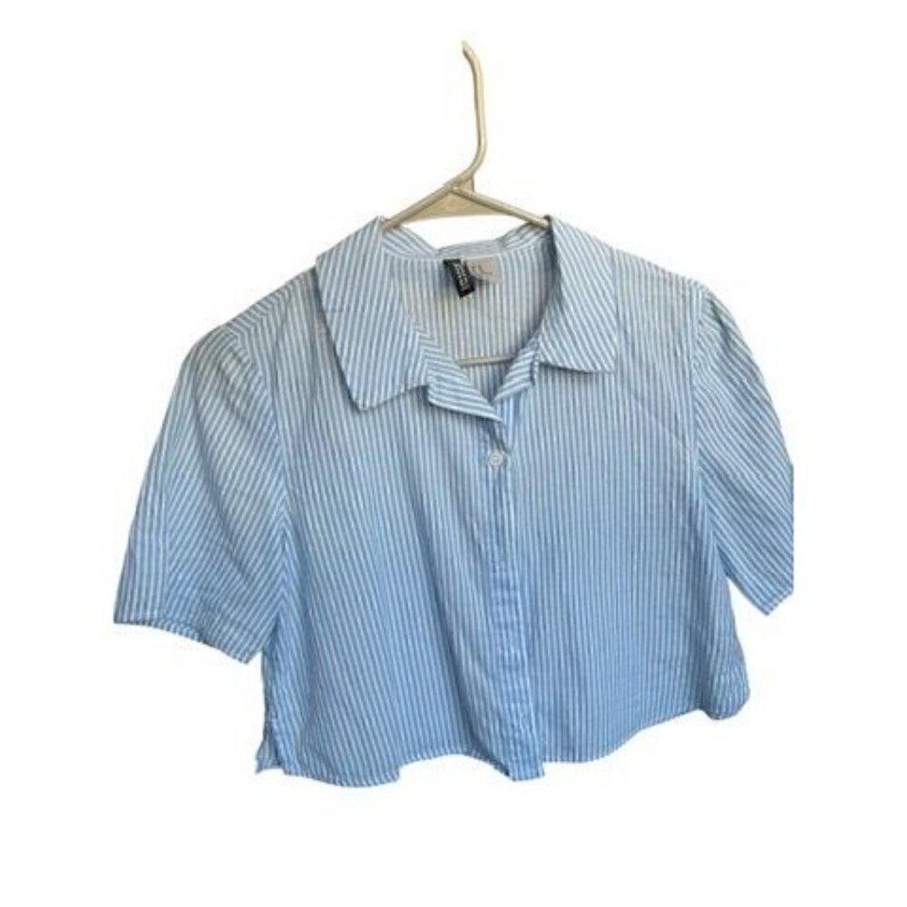 H&M Cropped Blue & White Striped Button-Up Shirt, 100%COTTON, SEMI SHEER, BEACH, - Picture 4 of 4